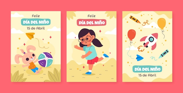 Flat children's day celebration greeting cards collection in spanish