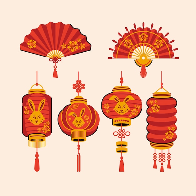 Flat chinese new year festival celebration ornaments collection