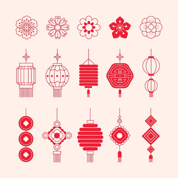 Flat chinese new year festival celebration ornaments collection