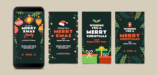 Free vector flat christmas instagram stories collection