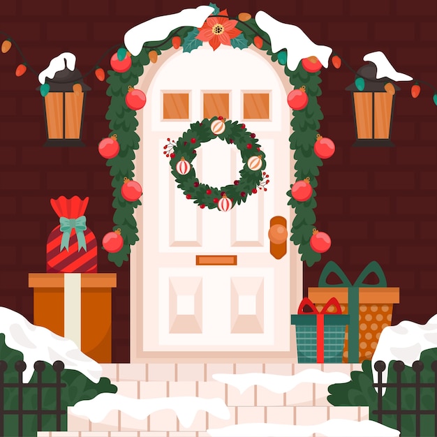 Free Vector flat christmas season house door illustration