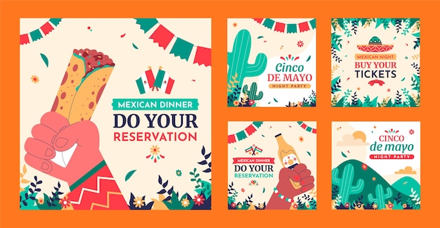 Free Vector flat cinco de mayo instagram posts collection