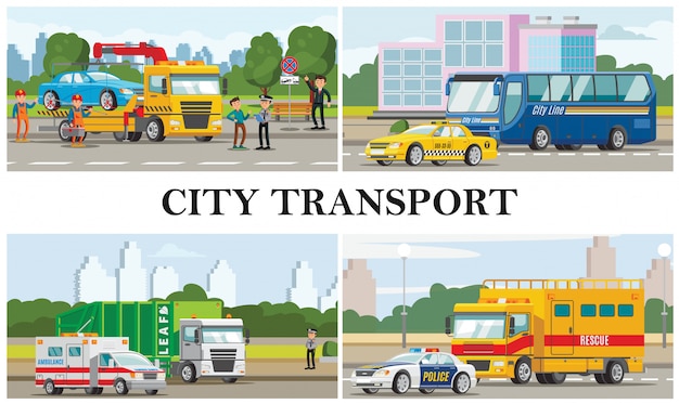 Free Vector flat city transport composition with taxi ambulance police cars bus garbage fire and tow trucks