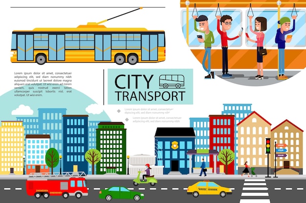 Free Vector flat city transport concept with cityscape cars motorbike fire truck moving on road and passengers riding by trolley bus