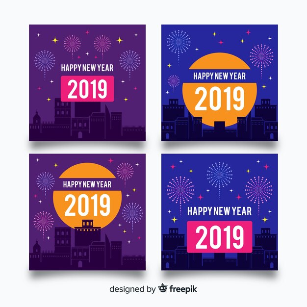 Flat cityscape new year card collection