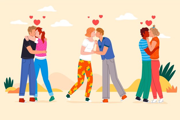 Flat couples kissing illustration