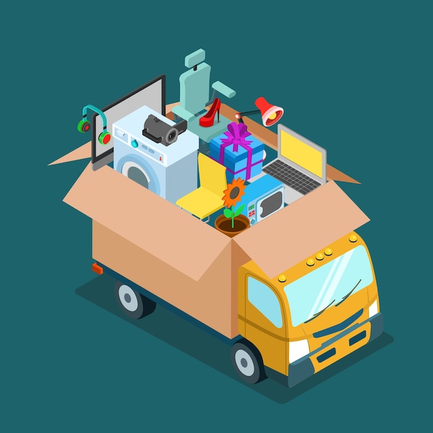 Free Vector flat d isometric online internet web shopping delivery or home office moving concept