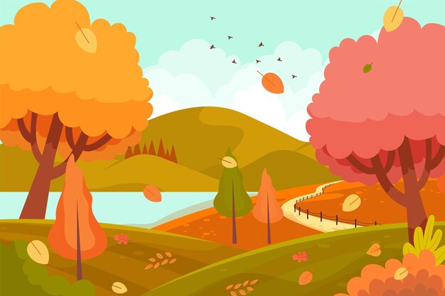 Flat design autumn view with trees