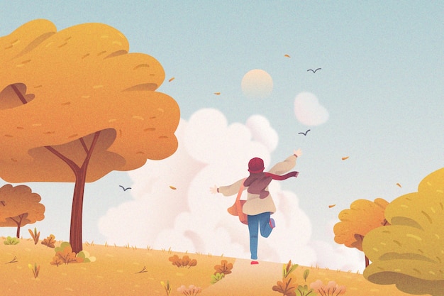 Free vector flat design autumnal background with kid running