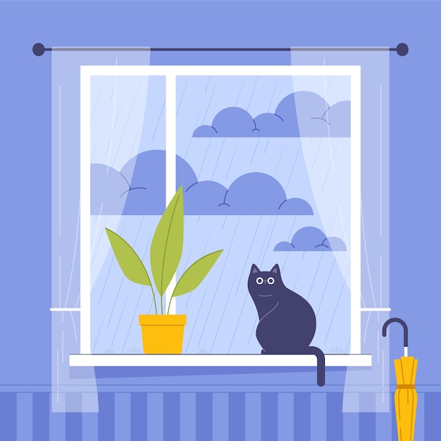 Free vector flat design cat sitting near window illustration
