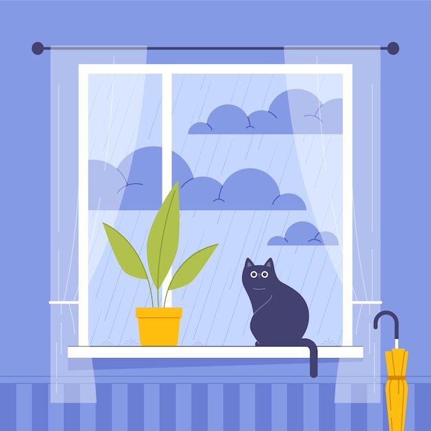 Flat design cat sitting near window illustration