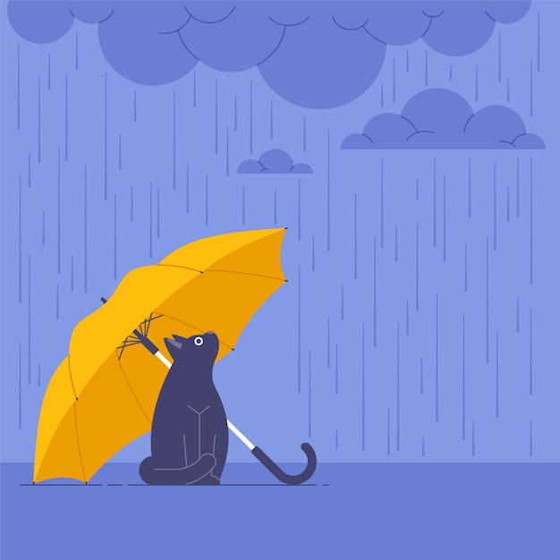 Flat design cat under umbrella background