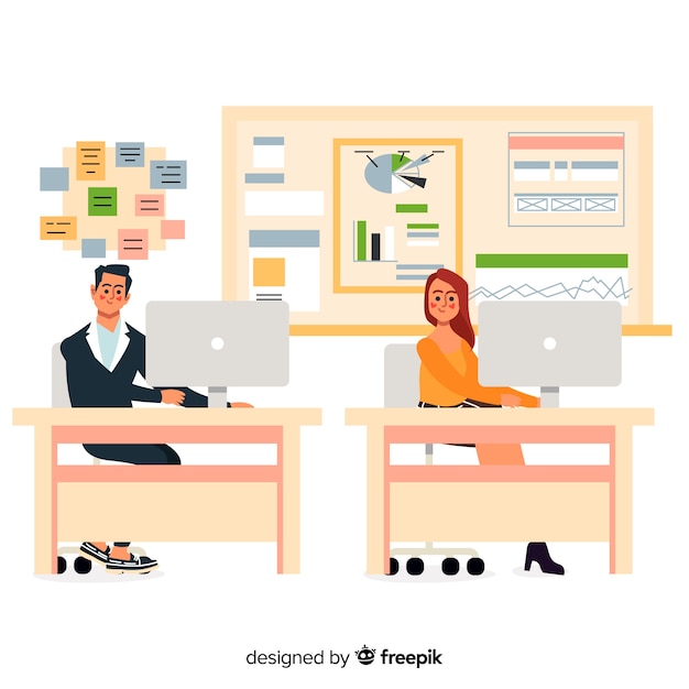 Free vector flat design characters at office workplace