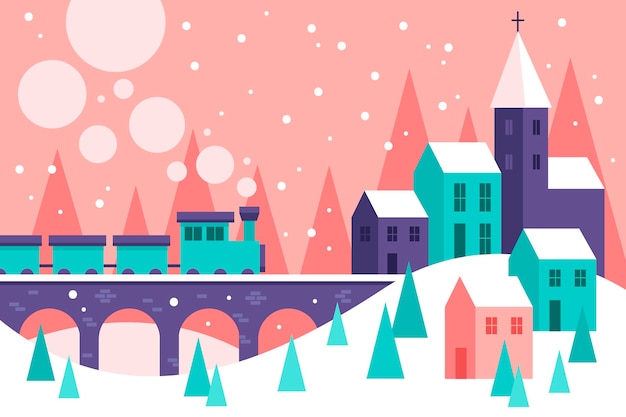 Flat design christmas town and train illustration