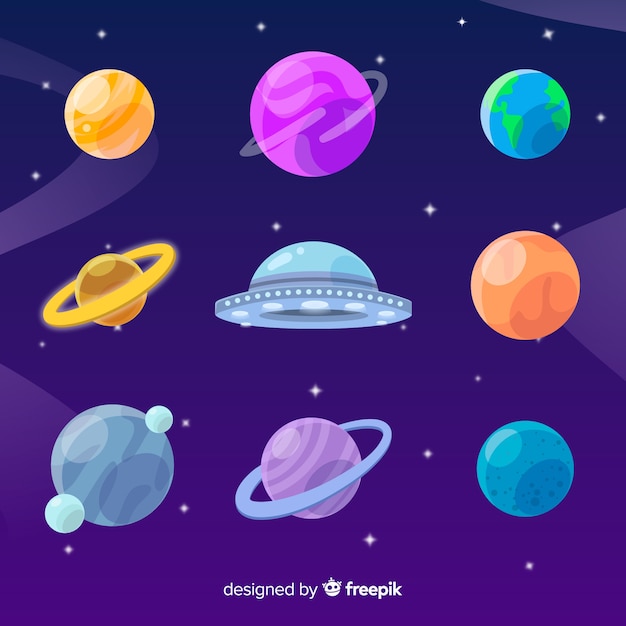 Flat design collection of planets with ufo