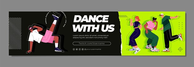 Flat design dance school twitch banner template