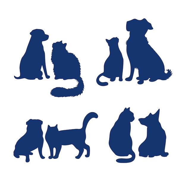 Free Vector flat design dog and cat silhouette set