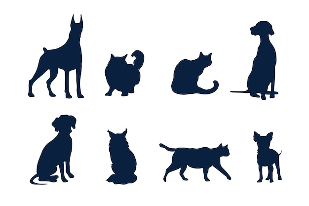 Free Vector flat design dog and cat silhouette set