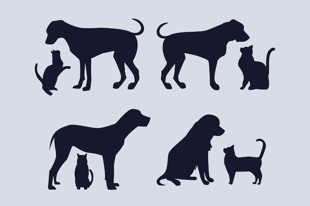 Free vector flat design dog and cat silhouette set