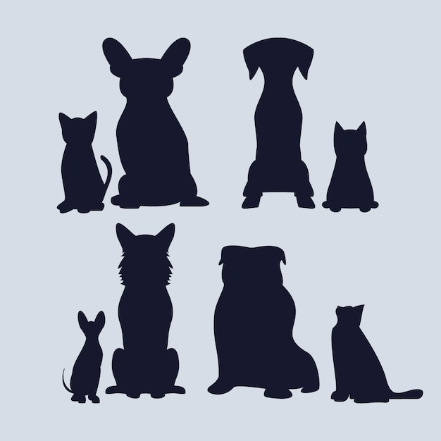 Flat design dog and cat silhouette set