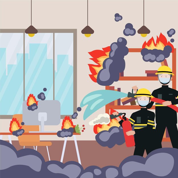 Flat design of firefighters putting out a fire