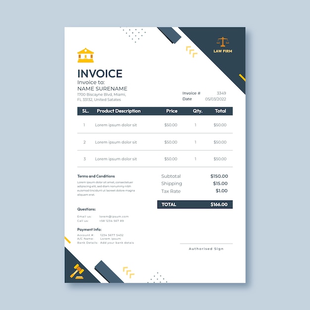 Flat design law firm invoice