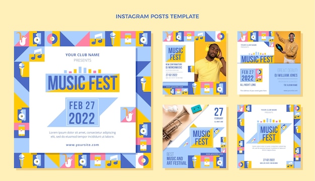 Free Vector flat design mosaic music festival instagram posts