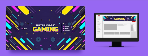 Flat design neon gaming setup youtube channel art