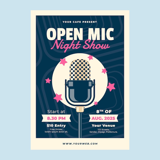 Flat design open mic poster design