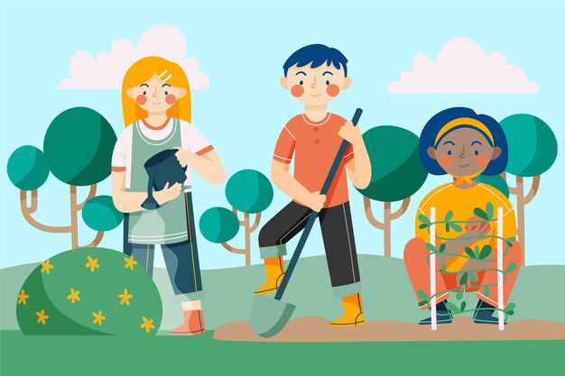 Flat design people gardening outside