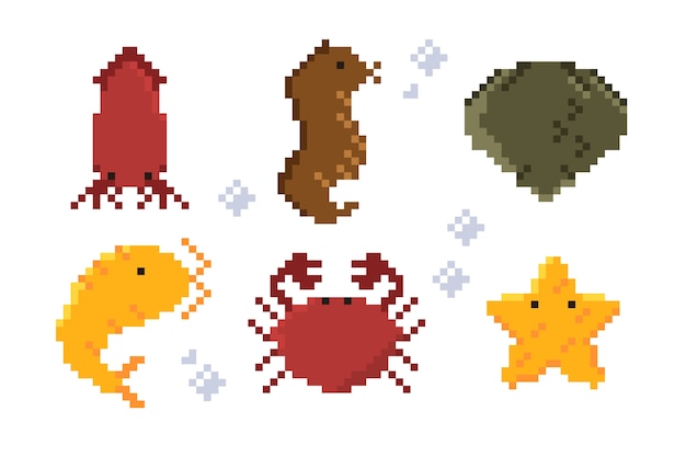 Free vector flat design pixel art sea animals collection