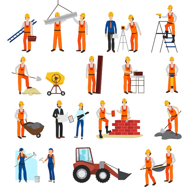 Free vector flat design repairs construction process builders and equipment set isolated on white background vec