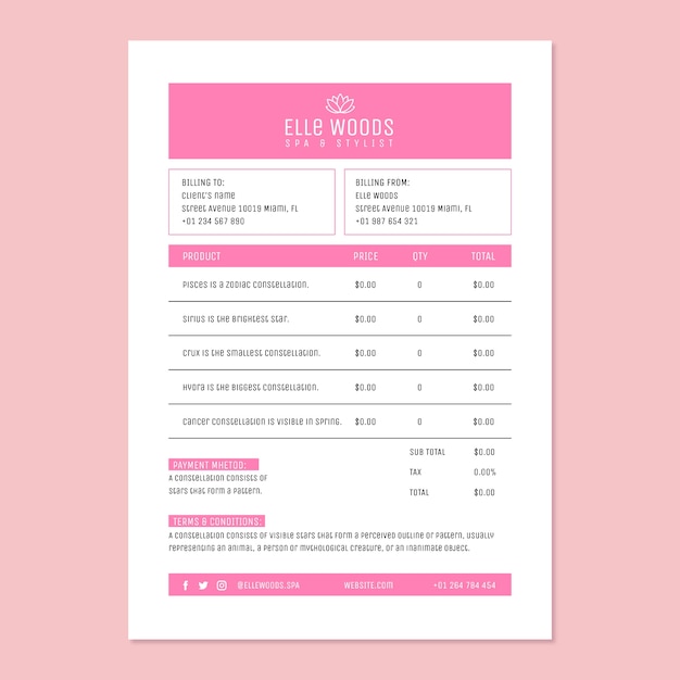 Flat design spa invoice template