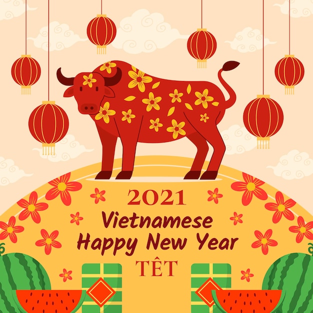 Free Vector flat design têt (vietnamese new year) background with bull