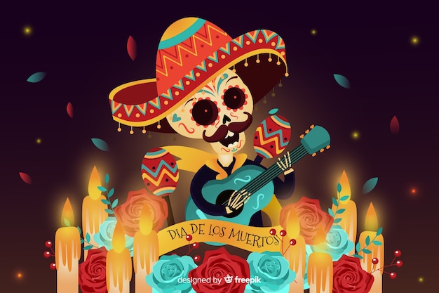 Free Vector flat día de muertos background and skull with guitar