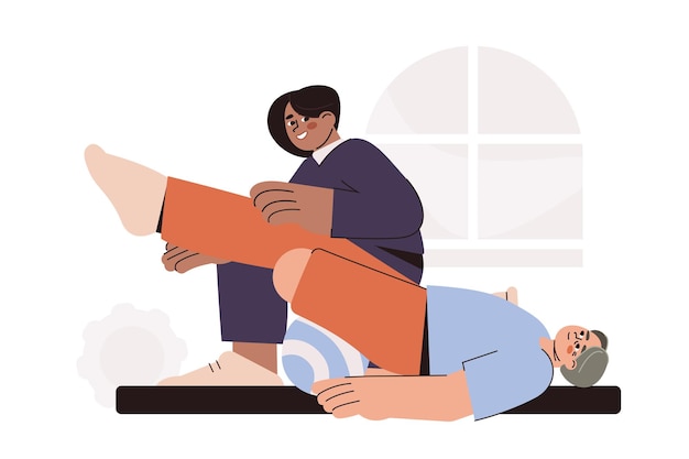 Free Vector flat doctor physiotherapy and patient after limb amputation do exercise on therapeutic ball. physical therapy specialist help to recovery leg after surgery. rehab in medical rehabilitation hospital.