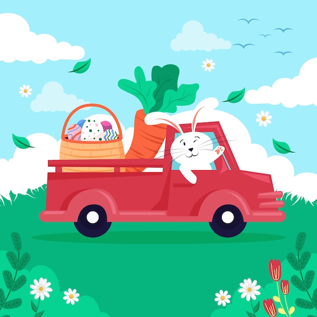 Flat easter car illustration