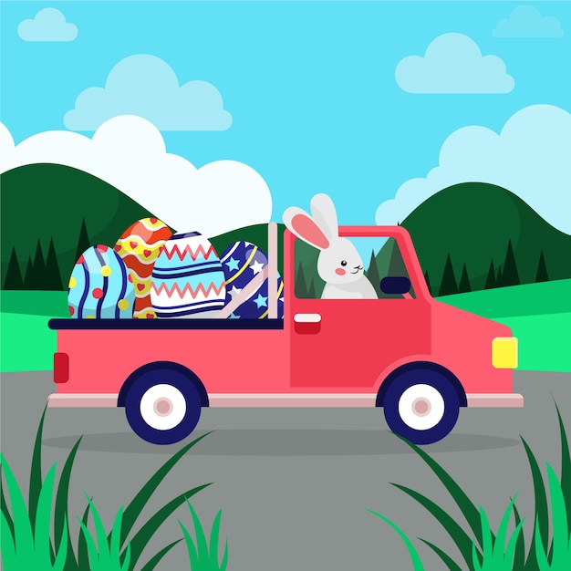 Flat easter car illustration