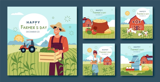 Free vector flat farmer's day instagram posts collection