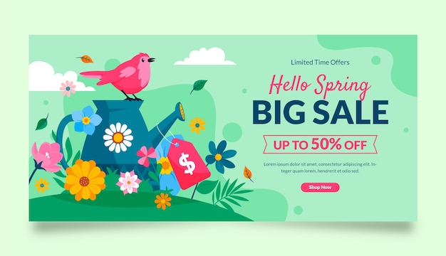 Flat floral spring horizontal sale banner template