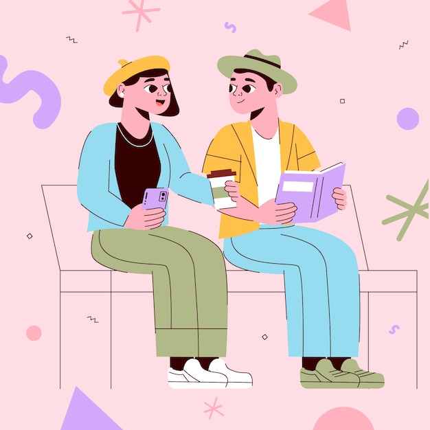 Free vector flat friendship day illustration with friends reading book on bench