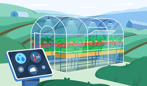 Free Vector flat greenhouse with smart device for automation watering plants