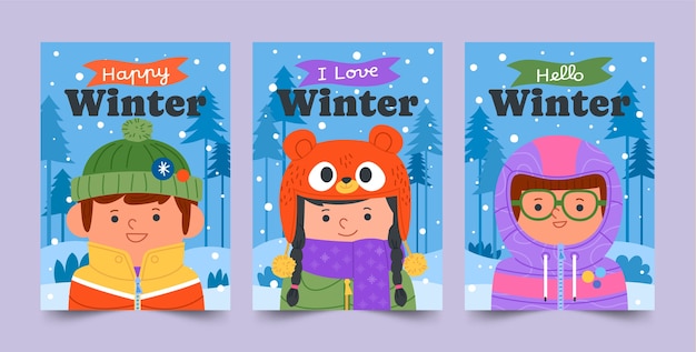 Free vector flat greeting cards collection for winter season with children in warm clothing
