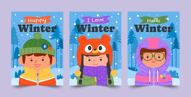 Flat greeting cards collection for winter season with children in warm clothing