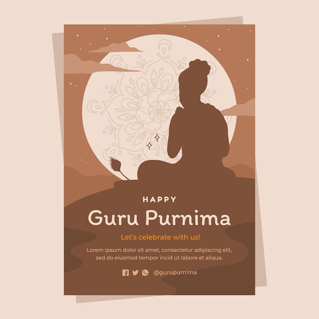 Free Vector flat guru purnima poster template with monk silhouette