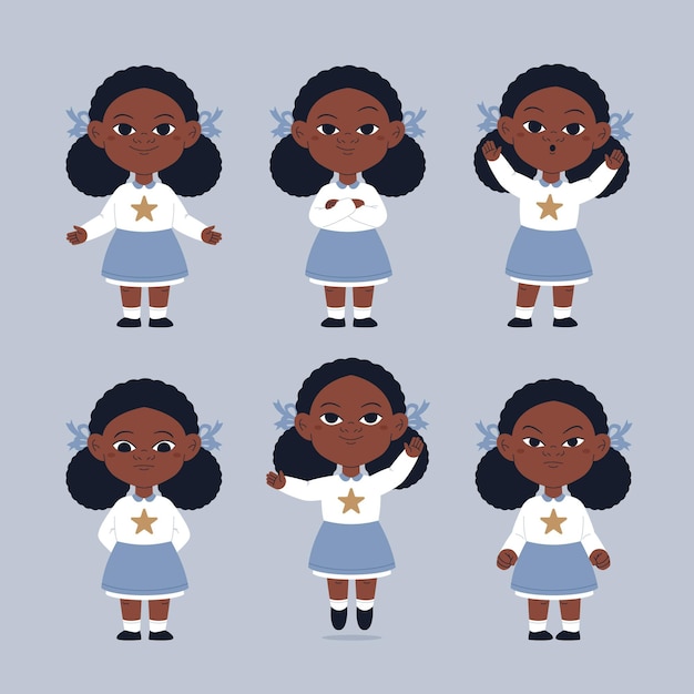 Free Vector flat-hand drawn black girl in different poses collection