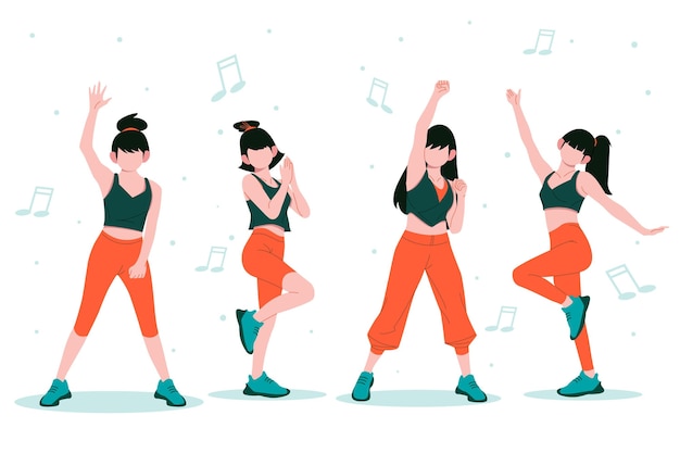 Free Vector flat-hand drawn dance fitness steps collection with people