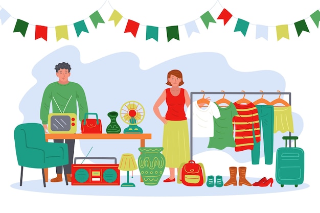 Free Vector flat-hand drawn flea market illustration with people