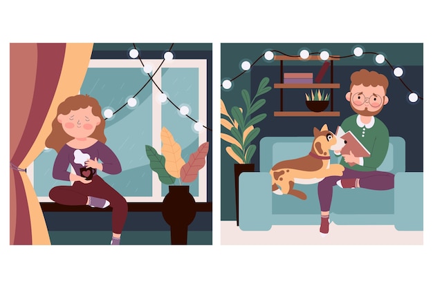 Free Vector flat-hand drawn hygge lifestyle illustration