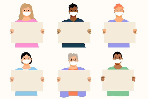 Free Vector flat-hand drawn people in medical masks with blank placards